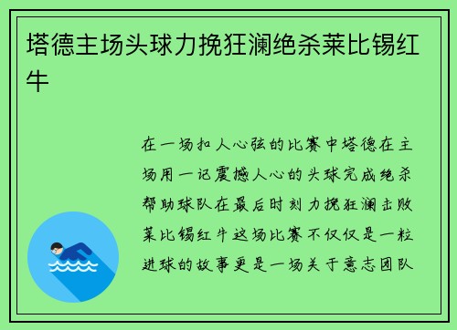 塔德主场头球力挽狂澜绝杀莱比锡红牛