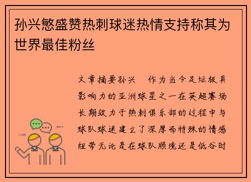 孙兴慜盛赞热刺球迷热情支持称其为世界最佳粉丝