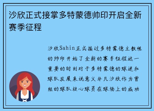 沙欣正式接掌多特蒙德帅印开启全新赛季征程