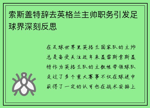 索斯盖特辞去英格兰主帅职务引发足球界深刻反思